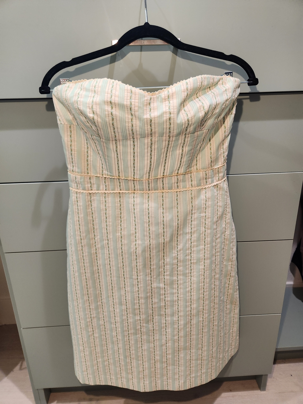 Vintage Tibi Strapless Cream & Light Green Striped Summer Dress